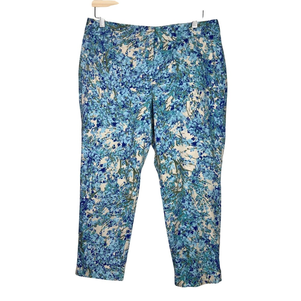 Talbots Petites Signature Womens 12P Floral Print Capri Pant Blue Beige Stretch